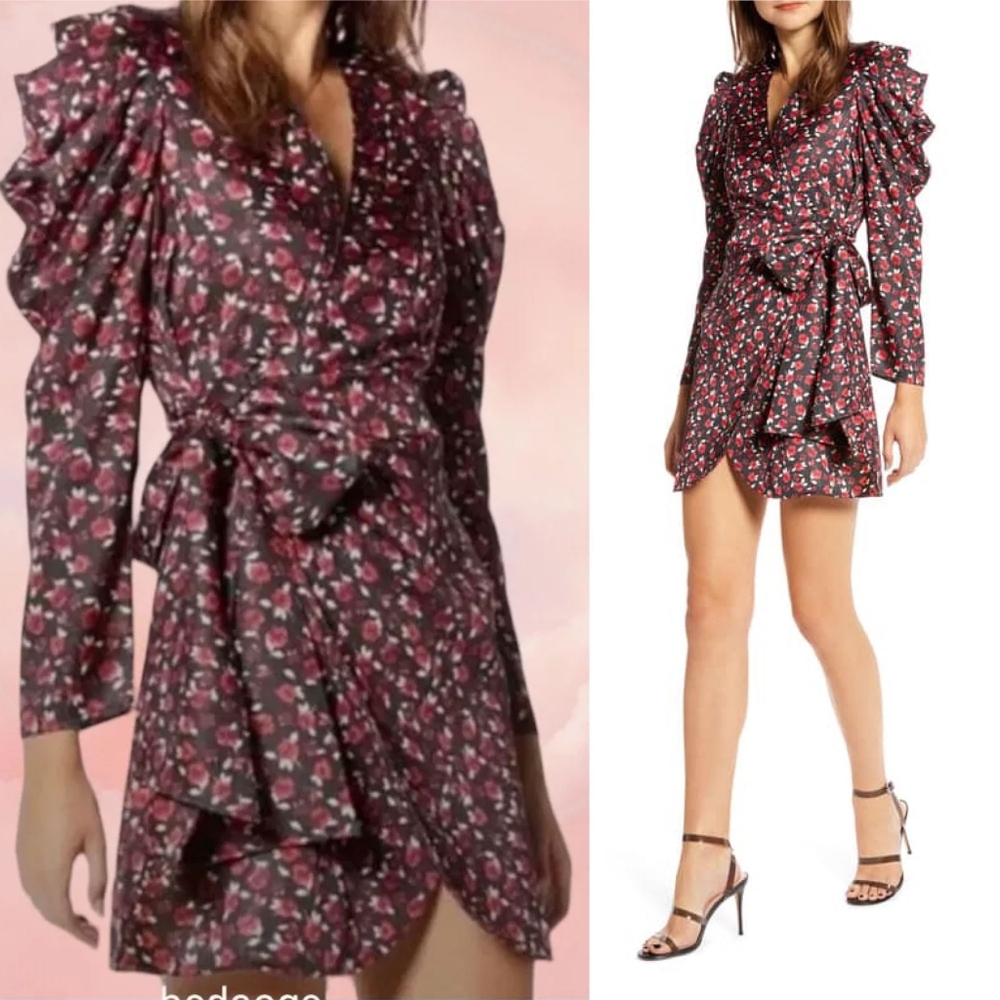 Something Navy Black Red Floral Long Sleeve Wrap Dress size Small